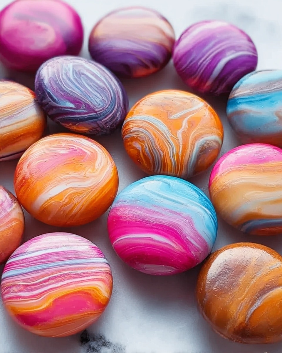The image shows a close-up of round candies with a smooth, shiny surface, each one featuring swirling marble patterns in bright colors like purple, pink, orange, blue, and brown. The candies are arranged in a loose pile on a white marbled texture. Each candy has its own unique mix of curved lines and stripes that blend different shades, giving them a glossy and colorful look. photo taken with an iphone --ar 4:5 --v 7