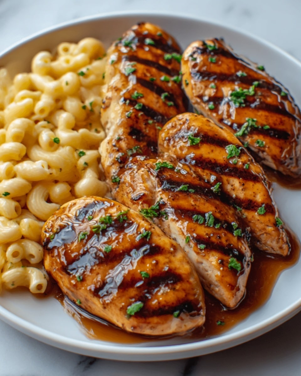 A white plate holds four grilled chicken breast pieces, each with dark brown grill marks and a shiny, slightly sticky glaze, sprinkled with small green parsley leaves. To the left of the chicken, there is a serving of light yellow macaroni and cheese, with soft, small elbow pasta coated in a creamy sauce. The plate is on a white marbled surface, and the photo taken with an iphone --ar 4:5 --v 7