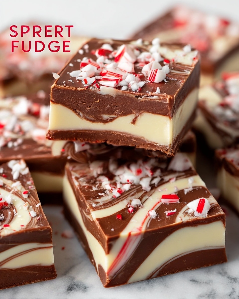 The image shows several square pieces of peppermint swirl fudge, each with two main layers that create a marbled pattern of creamy white and rich brown chocolate. The top surface of the fudge is smooth and glossy brown chocolate, with crushed white and red peppermint candy pieces sprinkled on top. One piece is slightly raised, showing the thick and dense texture of the marbled fudge inside. All the fudge pieces sit on a white marbled surface. photo taken with an iphone --ar 4:5 --v 7