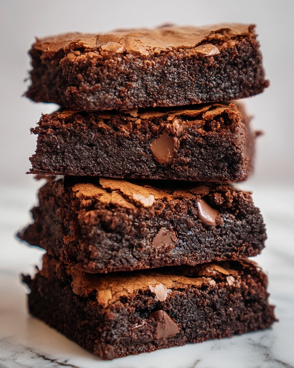 A close-up view of a stack of four thick, fudgy brownies placed directly on a white marbled surface. Each brownie layer shows a rich, dark chocolate color with a moist, dense texture inside and a slightly cracked, lighter brown crust on top. The brownies have small chunks of chocolate visible within, adding to their gooey look. The edges appear slightly crumbly, contrasting with the shiny, moist center. Photo taken with an iphone --ar 4:5 --v 7