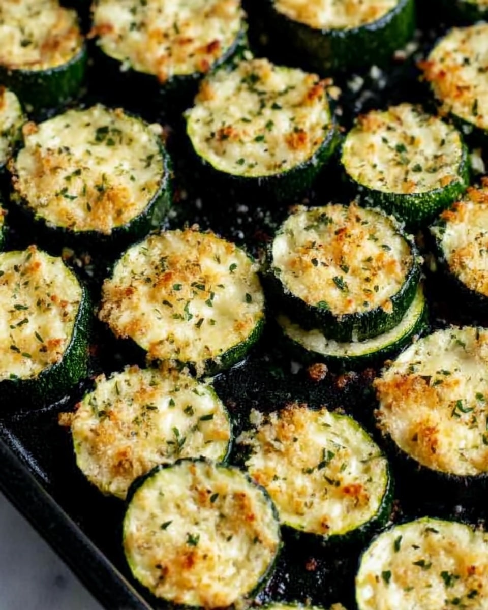 The image shows a black baking tray filled with round slices of zucchini arranged closely together in rows. Each zucchini slice is topped with a layer of light-colored melted cheese sprinkled with green dried herbs and some breadcrumbs, giving a textured, slightly crispy look. The zucchini edges are dark green and softly cooked, contrasting with the creamy, golden cheese topping. The white marbled surface underneath the tray adds a clean, bright background. Photo taken with an iphone --ar 4:5 --v 7