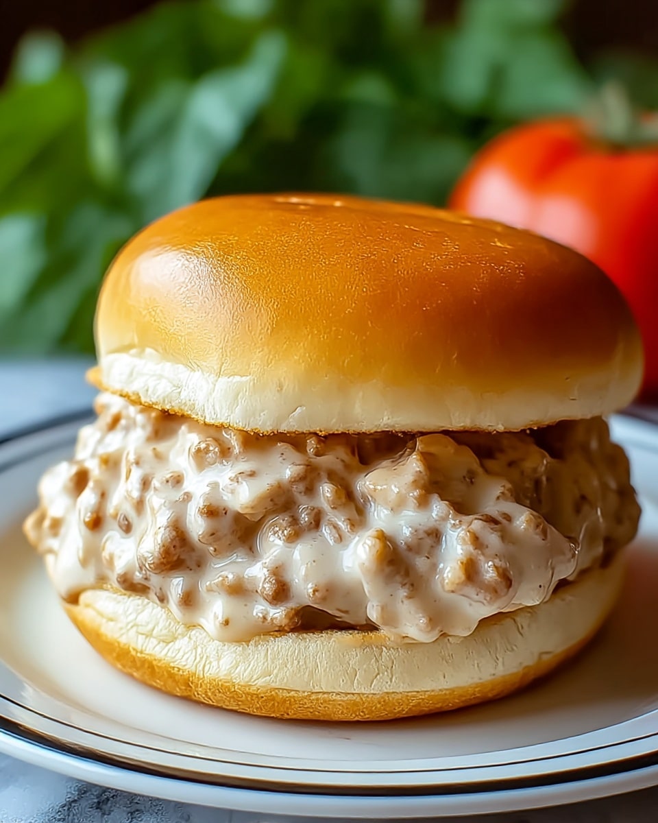 A close-up view of a sandwich on a white plate with a thin black stripe around the edge, set on a white marbled surface. The sandwich has a soft, shiny, golden brown top bun with a smooth texture. Inside, there is one thick layer of creamy, chunky sausage gravy that is light beige with specks of darker brown sausage pieces spread evenly, overflowing slightly at the sides. The bottom bun matches the top one in color and softness, showing slight wrinkles. The background is blurred green foliage with a bright red tomato. Photo taken with an iphone --ar 4:5 --v 7