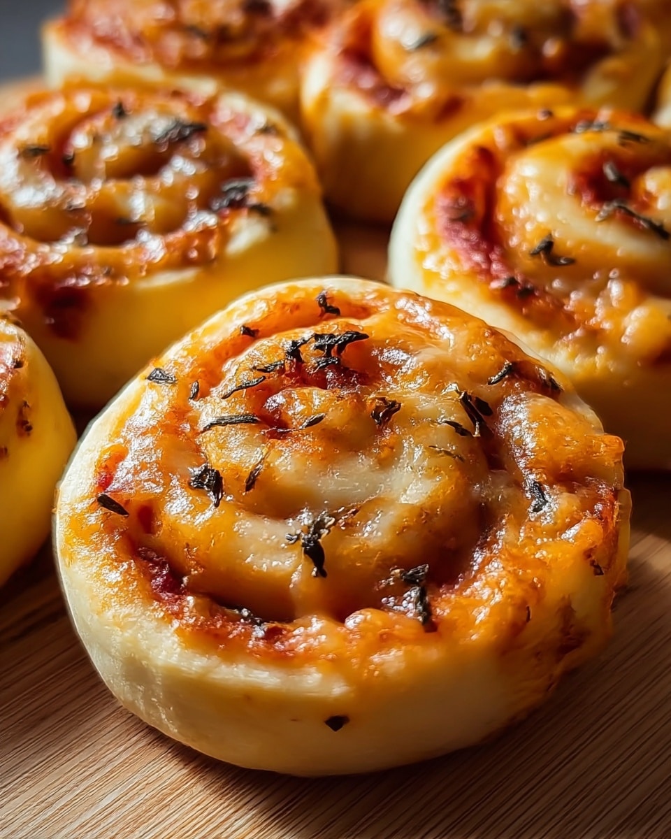 The image shows several pizza rolls arranged closely on a wooden board. Each roll has a spiral shape with visible layers, starting with a thick, light golden dough base, followed by a bright red tomato sauce layer, and melted cheese in a slightly browned orange shade on top. Small bits of dark herbs are sprinkled across the surface of each roll. The texture of the dough looks soft and airy, with a slight crisp on the edges. The lighting highlights the glossy, baked look of the cheese and sauce. photo taken with an iphone --ar 4:5 --v 7