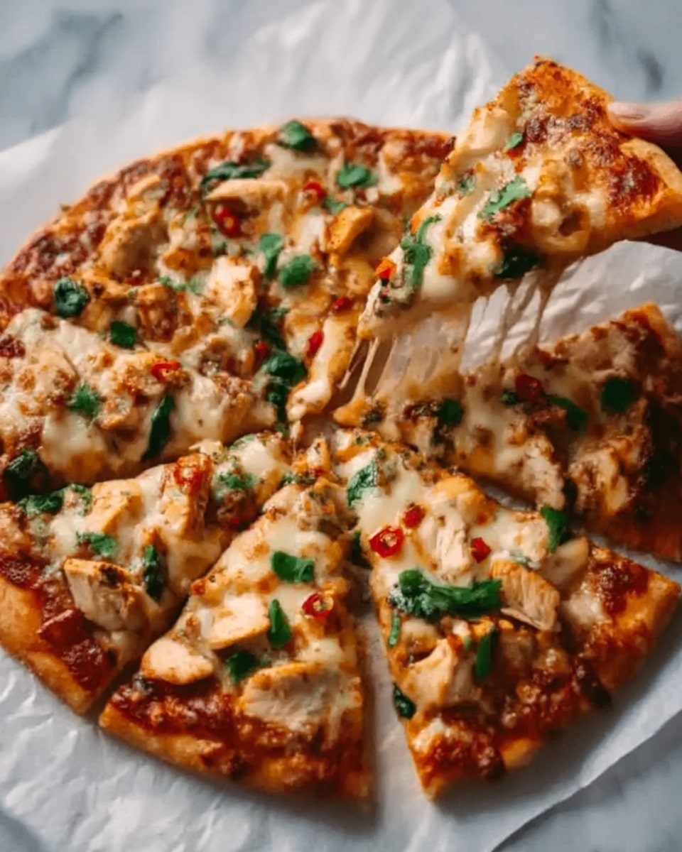 A round pizza with a golden brown crust that has a slightly crispy texture, cut into eight slices. The top layer is covered with bubbly melted cheese that stretches as a slice is being pulled away by a woman's hand. Beneath the cheese, there are visible chunks of white chicken, scattered green spinach leaves, and small pieces of red chili peppers, all resting on a tomato sauce base. The pizza sits on white parchment paper on a white marbled surface. Photo taken with an iphone --ar 4:5 --v 7