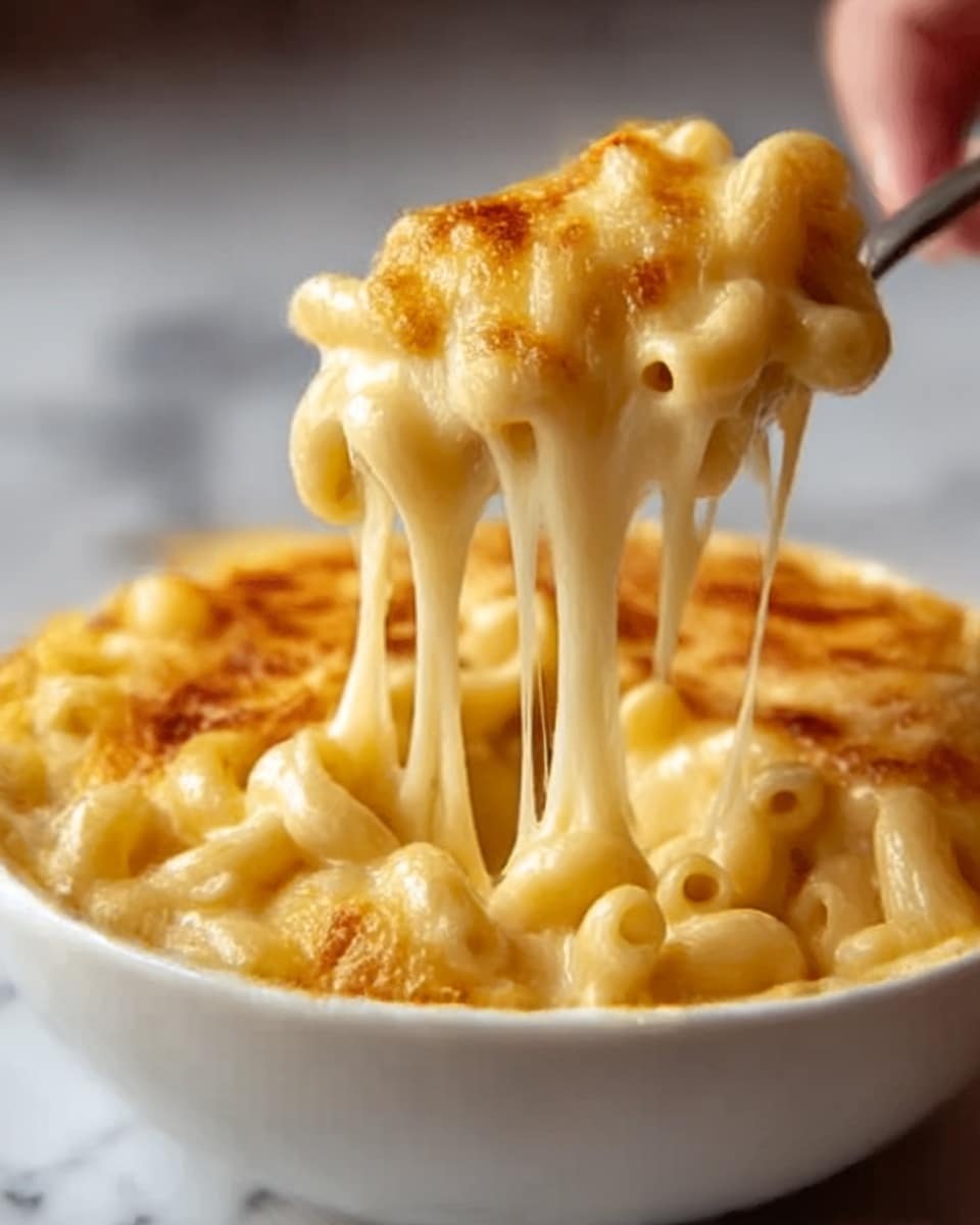 The image shows a bowl filled with creamy macaroni and cheese, with gooey melted cheese stretching as a woman's hand lifts a spoonful. The top layer is golden brown with small crispy spots, while underneath is a rich, smooth, pale yellow cheese sauce coating soft elbow macaroni pasta. The bowl is white, sitting on a white marbled surface. The texture of the cheese looks thick and silky, with bubbly browned areas on top. Photo taken with an iphone --ar 4:5 --v 7