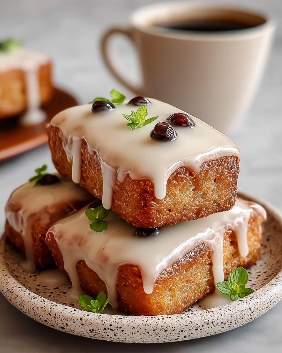 Three rectangular golden brown pastries are stacked on a speckled white plate, each covered with a thick, smooth, white glaze that drips slightly down the sides. Small dark brown berries and green herb leaves are placed on top of the glaze, adding pops of color. The surface of the pastries looks slightly crispy and textured. In the background, a white cup filled with dark coffee sits slightly out of focus against a white marbled texture. photo taken with an iphone --ar 4:5 --v 7