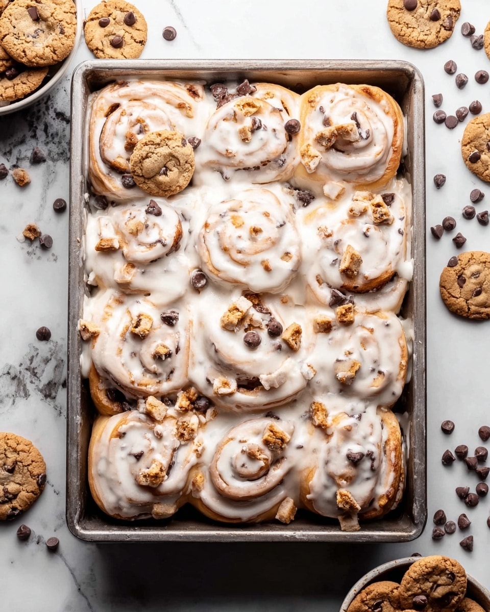 A metal rectangular tray filled with nine soft cinnamon rolls covered in a thick white glaze that spreads unevenly over the swirled layers of the rolls, which are light golden brown with visible dark chocolate chips embedded in the dough; scattered atop the glaze and rolls are whole and broken mini chocolate chip cookies in light brown color with darker chocolate spots, adding texture and contrast. The tray is on a white marbled surface with some cookie pieces and dark chocolate chips spread loosely around it, and a small bowl filled with mini cookies placed to the side. photo taken with an iphone --ar 4:5 --v 7