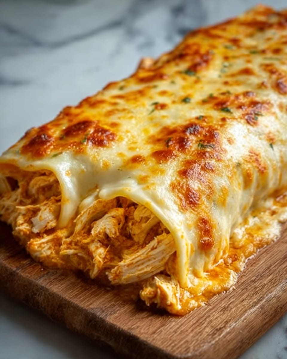 A long cannelloni pasta filled with shredded chicken is covered by a smooth layer of melted cheese that is golden brown and bubbly on top. The cheese layer is thick and slightly stretchy, giving a creamy texture to the dish. The pasta beneath is soft and pale yellow, with the shredded chicken inside showing a rich orange sauce. The dish is placed on a wooden board with a blurred background, resting on a white marbled surface. Photo taken with an iphone --ar 4:5 --v 7