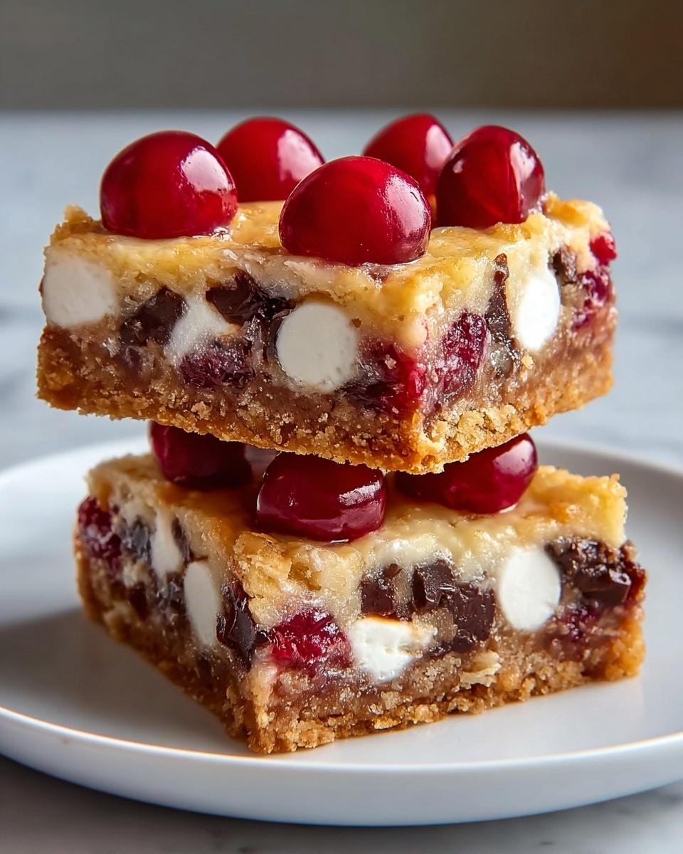 Two square dessert bars are stacked on a white plate with a white marbled background. Each bar has three visible layers: a thick, golden-brown crust at the bottom with a crumbly texture; a middle layer filled with chunks of dark chocolate, white marshmallows, and bits of red fruit mixed into a soft filling; and a top layer that is creamy and slightly browned with shiny, whole red cherries placed evenly on top. The bars look moist and rich, with the cherries adding a bright, glossy finish. photo taken with an iphone --ar 4:5 --v 7