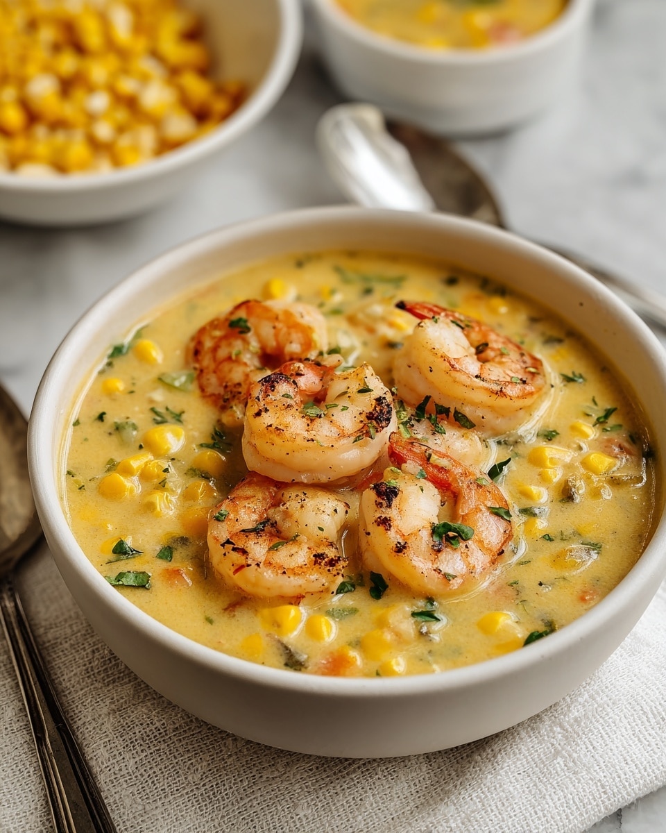 A white bowl filled with creamy yellow shrimp chowder, featuring five pinkish shrimp with light char marks on top. Bright yellow corn kernels and small green herbs are mixed evenly in the thick, slightly chunky soup with a smooth texture. The bowl rests on a white cloth with a silver spoon beside it, all on a white marbled surface. In the blurred background, a white bowl of corn kernels is partially visible. photo taken with an iphone --ar 4:5 --v 7