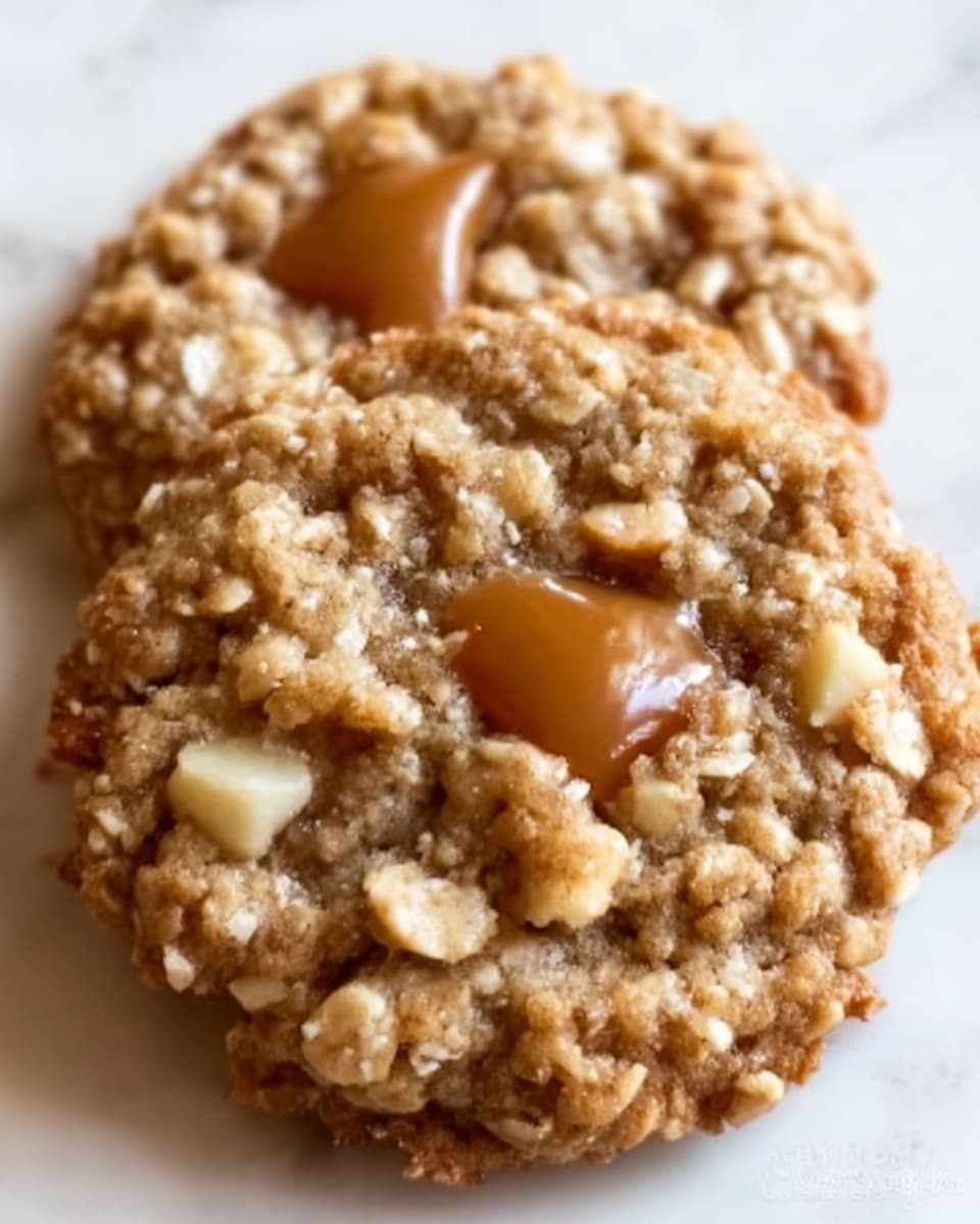 The image shows a close-up of two oatmeal cookies placed on a white marbled surface. Each cookie has a rough, crumbly texture with visible oats and small pieces of chopped nuts scattered throughout. In the center of each cookie is a small dollop of caramel that adds a glossy contrast against the matte oats. The cookies overlap slightly, with one mostly in front and the other partially behind, both appearing soft and freshly baked. photo taken with an iphone --ar 4:5 --v 7