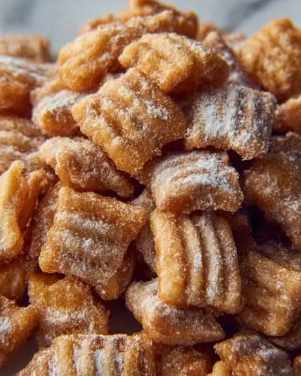 The image shows a close-up of many small pillow-shaped snacks stacked together. Each piece has a golden brown color with a slightly shiny, cooked surface, and they are dusted with a layer of fine white powder that covers parts of the snack, giving a soft texture. Some pieces have a striped pattern on one side, while others are smooth. The snacks look crunchy and fried, with a mix of flat and ridged surfaces across the pile. The background features a white marbled texture. Photo taken with an iphone --ar 4:5 --v 7