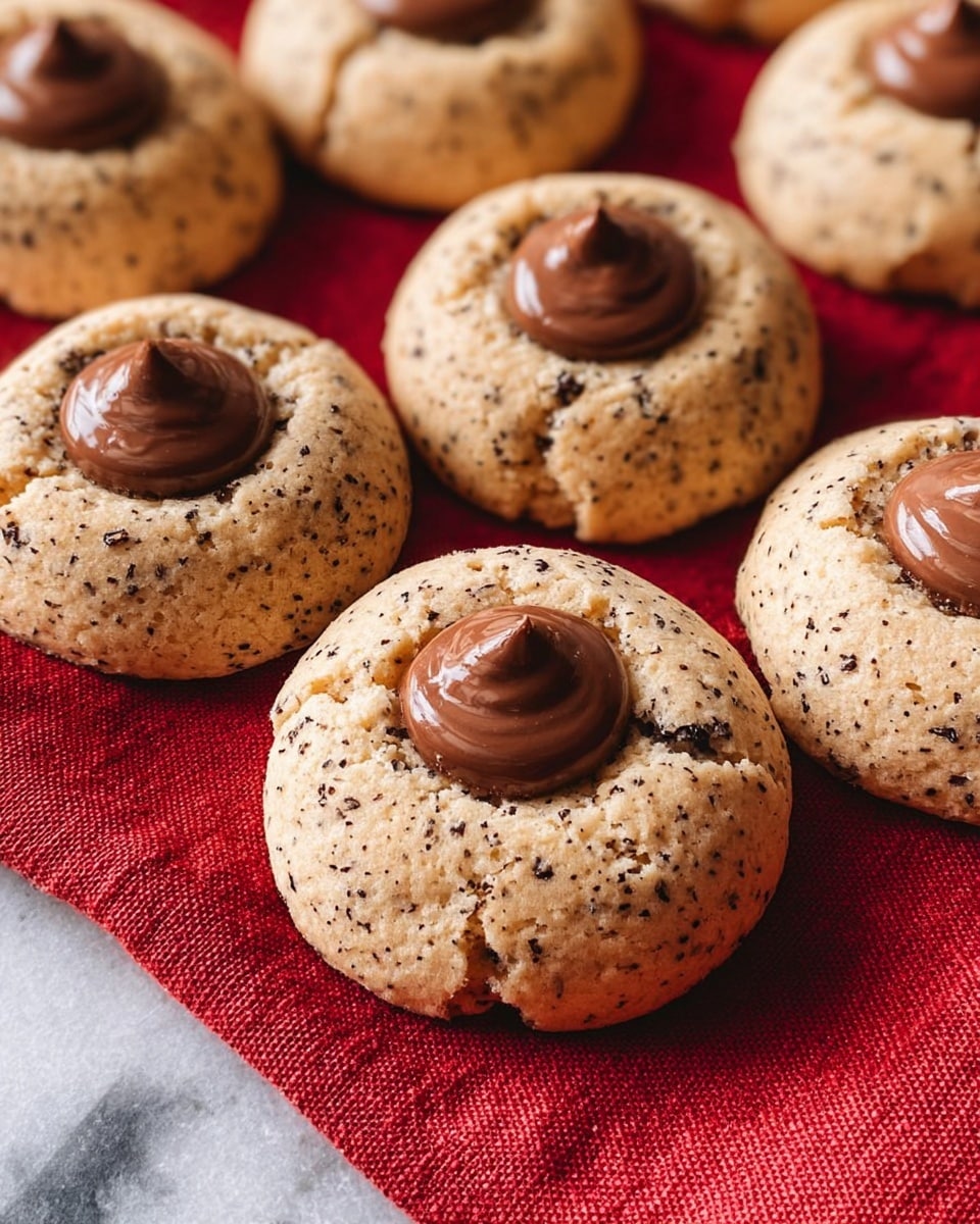 A close-up view of soft, round cookies with a light beige base speckled with tiny dark bits, each one topped with a glossy, smooth dollop of light brown chocolate in the center. The cookies have a slightly cracked surface, showing their soft texture, and they are arranged neatly on a folded red cloth, which lies on a white marbled texture. The cookies have a gentle rise, making them appear thick and fluffy. photo taken with an iphone --ar 4:5 --v 7