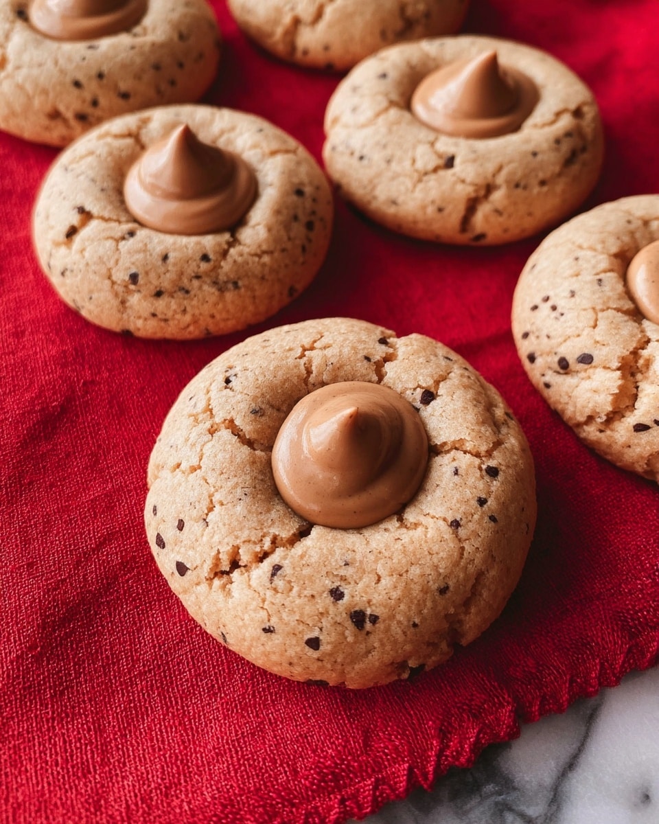 Several round cookies with a light brown color and small chocolate dots are arranged close together on a red cloth. Each cookie has a small, smooth dollop of darker, slightly shiny brown frosting or cream in the center. The cookies have a cracked surface texture, showing a soft but firm bake. The scene is set on a white marbled texture underneath the red cloth. photo taken with an iphone --ar 4:5 --v 7