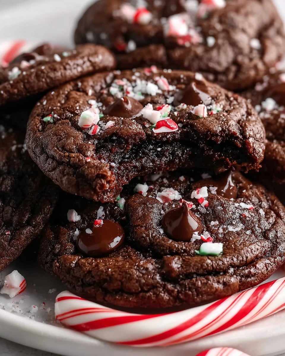 The image shows a close-up of several dark brown chocolate cookies with a cracked texture, stacked closely together on a white plate. Each cookie has a few glossy chocolate chips melting on the top layer. The cookies are sprinkled with small white and red chunks of crushed peppermint candy, adding a festive touch. One cookie at the front has a bite taken out, revealing a rich, fudgy inside that is darker and moist. In front of the cookies, on the white marbled surface, rests a whole red and white striped candy cane. The overall feeling is cozy and festive, with warm, rich colors and a soft focus on the textures. Photo taken with an iphone --ar 4:5 --v 7