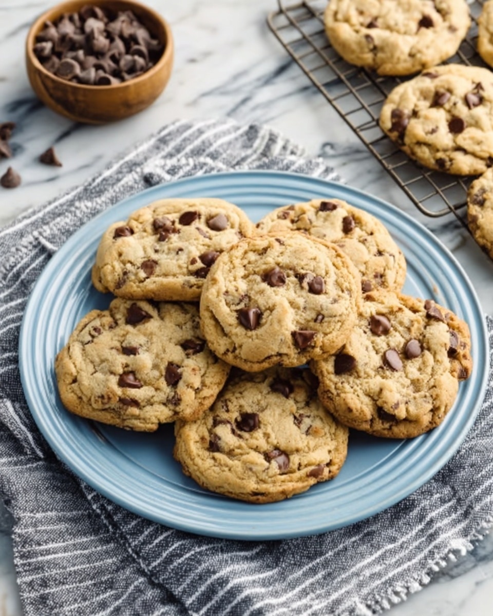 A white plate filled with six golden-brown chocolate chip cookies stacked slightly on top of each other, each cookie showing a soft, slightly crunchy texture with dark chocolate chips scattered unevenly throughout. Around the plate, there are more cookies partly seen, resting on a white marbled surface with a striped cloth underneath the plate. The lighting highlights the warm, inviting tones of the cookies, making them look fresh and tasty. Photo taken with an iphone --ar 4:5 --v 7