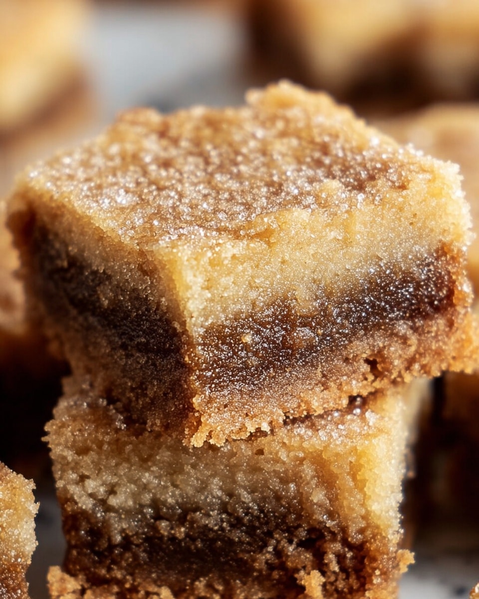 The image shows a close-up of a square piece of dessert with two visible layers. The top layer is light brown with a grainy texture and a sparkling sugar coating. The bottom layer is darker brown with a moist and dense texture. The edges of the dessert are slightly crumbly. The dessert pieces are stacked, with the top piece resting on another similar piece. The background shows blurred parts of more dessert squares on a white marbled surface. photo taken with an iphone --ar 4:5 --v 7
