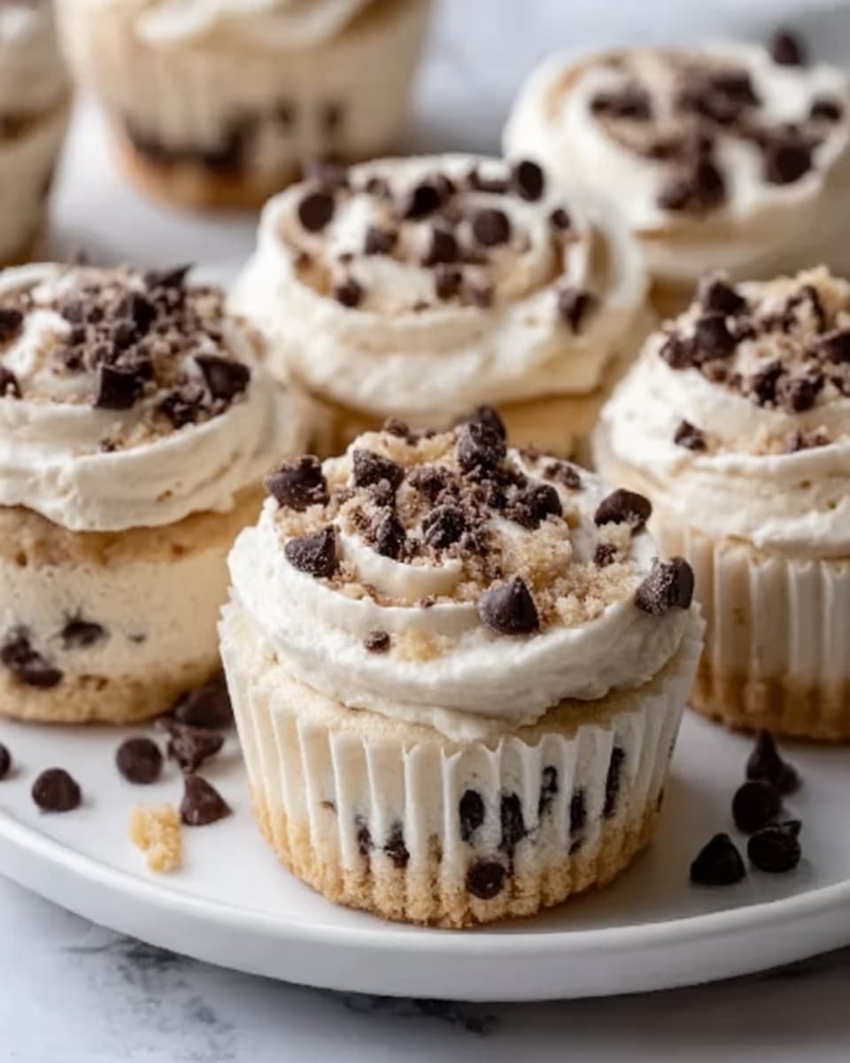 The image shows a close-up of small cupcakes on a white plate with a white marbled surface background. Each cupcake has three visible layers: a bottom creamy beige layer with small dark chocolate bits, a middle lighter cream layer with more chocolate chips, and a thick, smooth white frosting on top. The frosting is decorated with scattered dark chocolate chips and small crumbled pieces, giving a crunchy look. The cupcakes are tightly packed on the plate, with one cupcake centered in the front and others slightly out of focus behind it. Photo taken with an iphone --ar 4:5 --v 7