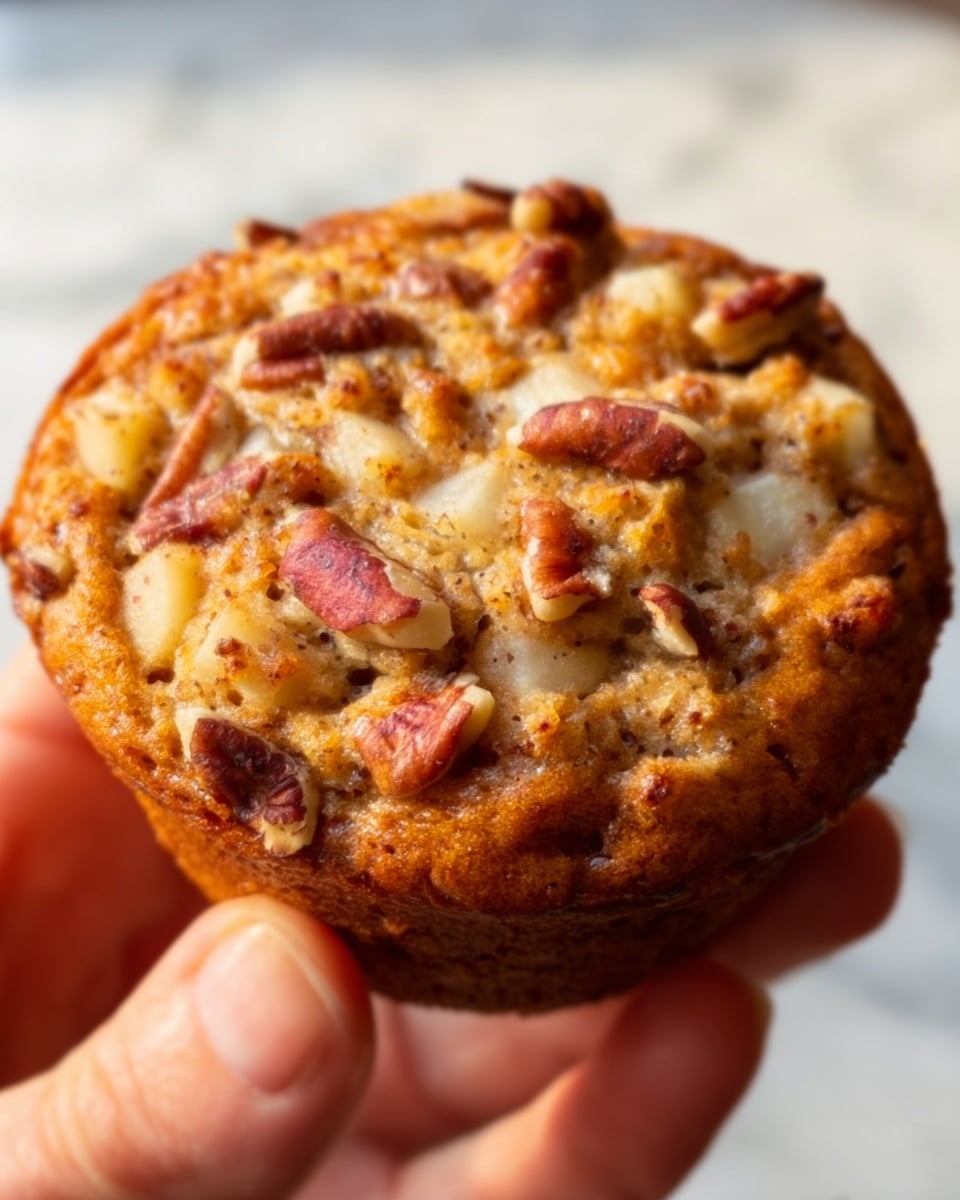 A close-up image of a single muffin held by a woman's hand, showing a golden-brown baked top with a slightly rough texture. The muffin surface is covered with visible chunks of apple pieces in light cream and pink hues, mixed with darker brown pecan pieces scattered evenly across the top. The muffin edges have a rich, slightly crisp and darker shade of brown, contrasting with the softer interior. The background is a soft white marbled texture. Photo taken with an iphone --ar 4:5 --v 7