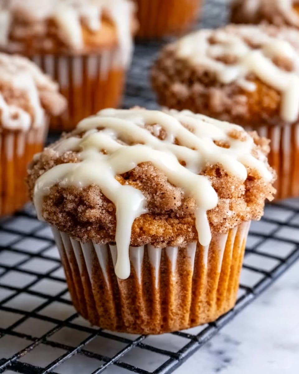 The image shows a close-up of a golden brown muffin with a crumbly cinnamon sugar topping, drizzled with a thick layer of creamy white icing on top. The muffin is in a white paper liner and sits on a black cooling rack, which is placed on a white marbled surface. The texture of the muffin looks soft and moist, with the crumbly topping adding a crunchy contrast. Other muffins with similar toppings appear blurred in the background. photo taken with an iphone --ar 4:5 --v 7