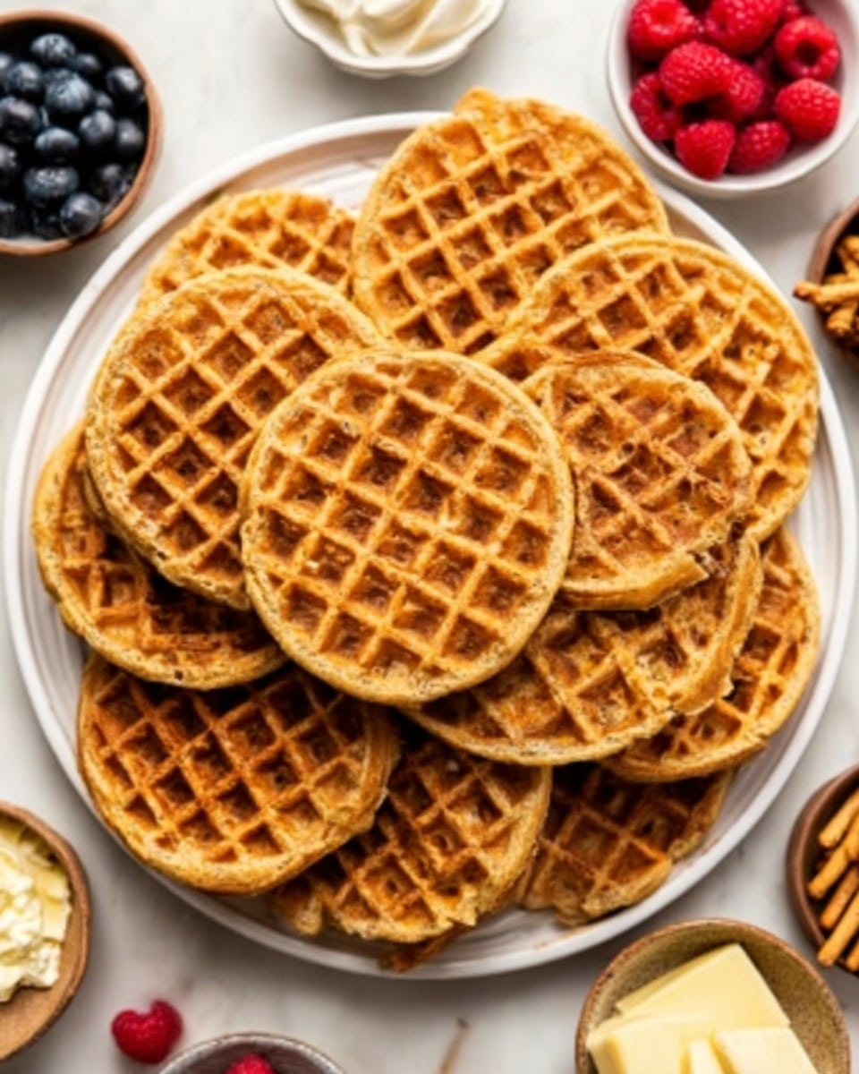 A white plate filled with a stack of round golden waffles, arranged in layers overlapping each other, showing a waffle texture with grid patterns and a slightly crispy surface. The waffles have a warm brown color with some areas darker, indicating a cooked, crunchy texture. The plate is on a white marbled surface with small bowls around it containing red raspberries, blueberries, butter, and brown toast sticks. A woman's hand is partially visible holding a waffle on the edge of the plate. photo taken with an iphone --ar 4:5 --v 7