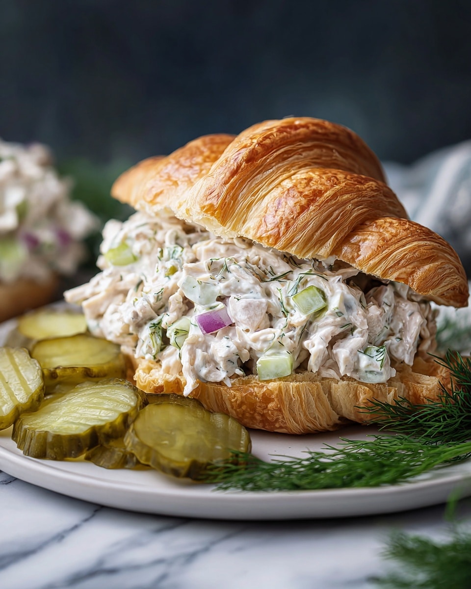 A flaky golden-brown croissant cut in half forms the base and top layers, with a thick, creamy chicken salad filling in between, made of white shredded chicken, diced light green celery, small purple onion pieces, and fresh green dill leaves, all mixed in a white creamy dressing with a slightly lumpy texture. On the side, several thinly sliced pale green pickles rest on a white plate with a soft shine, which sits on a white marbled surface. Fresh dill sprigs add a touch of bright green beside the croissant. Photo taken with an iphone --ar 4:5 --v 7