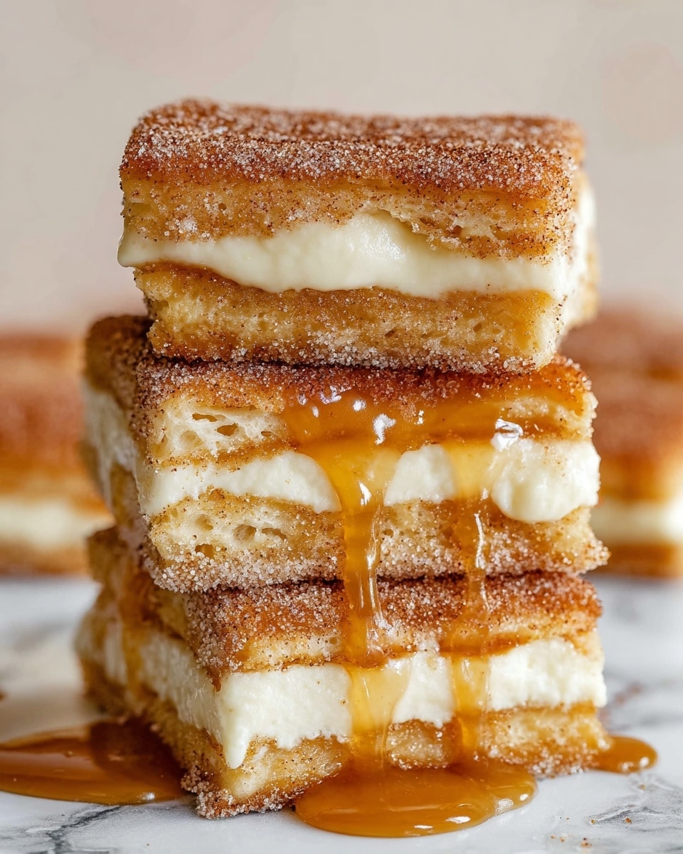 A close-up view of three square dessert layers stacked on top of each other, each piece showing three layers: a top and bottom layer of golden-brown, cinnamon-sugar coated pastry with a slightly crispy texture, and a thick middle layer of smooth, creamy white filling, with some caramel sauce dripping down the sides and pooling at the base of the stack. The cinnamon sugar gives a speckled, textured look on the pastry layers, and the creamy middle layer contrasts softly with the warm tones of the outside. The background is a white marbled texture. photo taken with an iphone --ar 4:5 --v 7