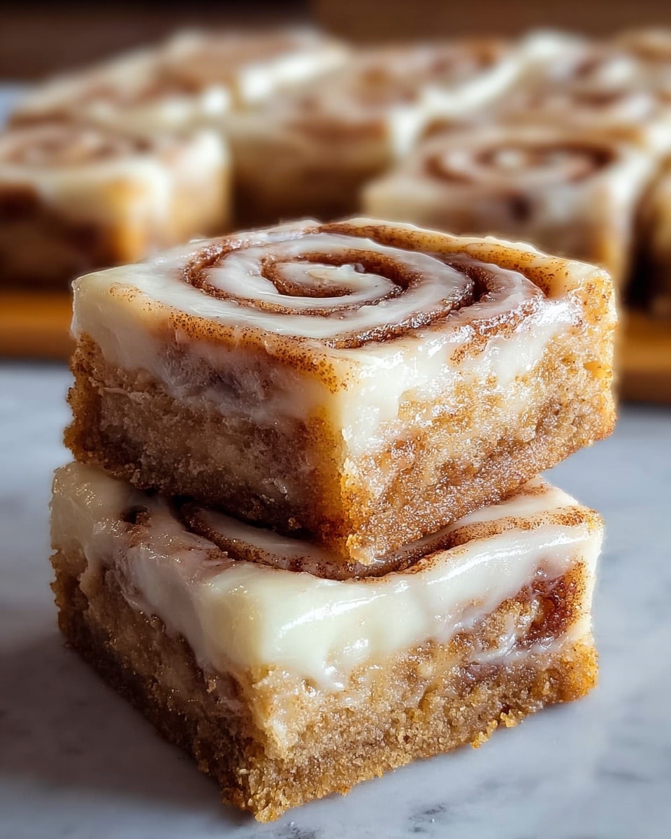 The image shows two stacked cinnamon roll squares with three visible layers: the bottom layer is a light brown baked dough with a crumbly texture, the middle layer is a thick, creamy white icing mixed with brown cinnamon swirls, and the top layer is a glossy, smooth glaze with a spiraled cinnamon pattern on top. The squares have sharp edges with a moist shine and soft appearance. The background is blurred but includes more pieces of the same cinnamon roll squares on a white marbled surface. photo taken with an iphone --ar 4:5 --v 7
