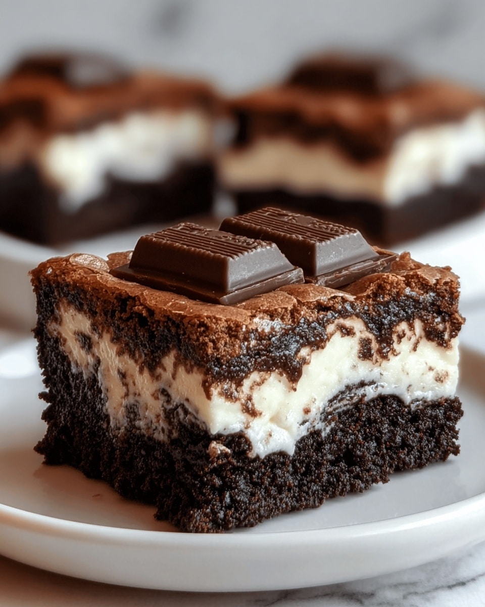 A close-up of a square brownie with three visible layers: the bottom layer is dark, moist, and crumbly chocolate cake; the middle layer is creamy white, slightly melted marshmallow that oozes slightly on the sides; the top layer is cracked and slightly crusty chocolate, crowned with two dark chocolate pieces embedded in the marshmallow. The brownie sits on a white plate with a white marbled surface in the background. In the background, there are two more brownies, slightly out of focus, showing the same layers. Photo taken with an iphone --ar 4:5 --v 7