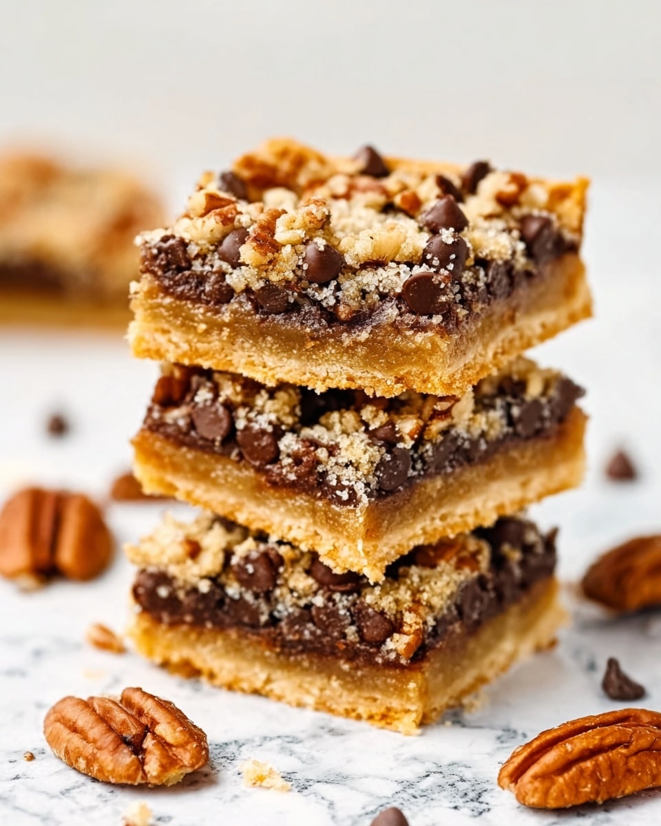 The image shows a stack of three square dessert bars on a white marbled surface. Each bar has three visible layers: a golden brown bottom crust, a middle layer filled with dark brown chocolate chips, and a top layer sprinkled with chopped light brown pecans. The texture of the crust looks firm and crumbly, while the chocolate chips are glossy and slightly melted. The chopped pecans add a rough, crunchy look to the top. The stack is placed near a few loose pecans scattered on the surface. Photo taken with an iphone --ar 4:5 --v 7