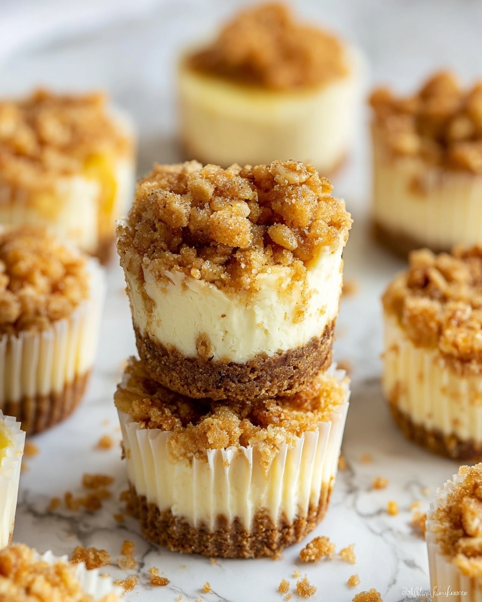 The image shows mini cheesecakes in white paper liners, each with three visible layers: a solid brown crumbly crust at the bottom, a thick creamy pale yellow cheesecake middle, and a chunky golden oat crumble topping with a rough texture on top. The cheesecakes are arranged on a white marbled surface with some crumbs scattered around, and one cheesecake is stacked on top of another in the center. The focus is on the stacked mini cheesecakes, highlighting the layers and textures clearly. Photo taken with an iphone --ar 4:5 --v 7