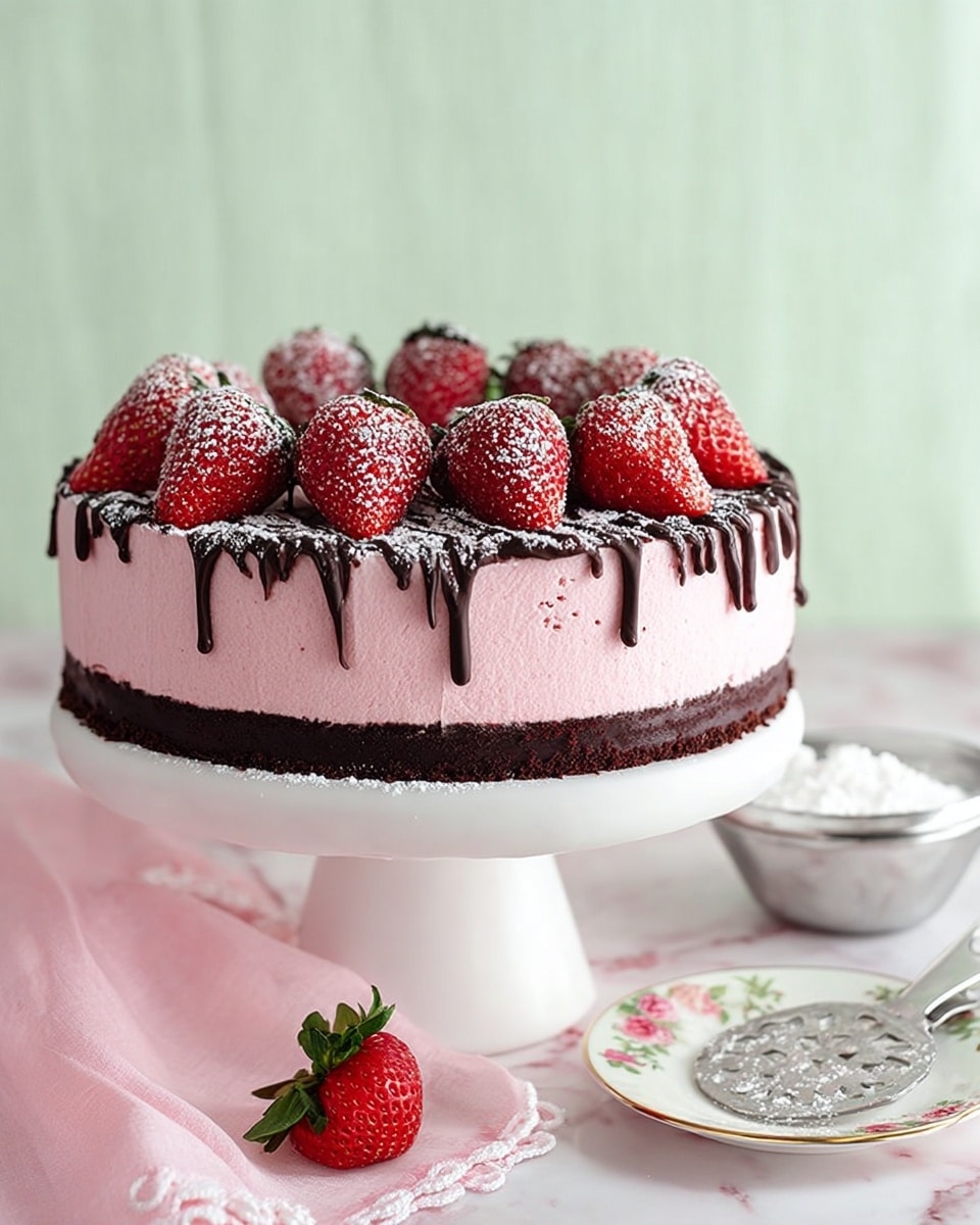 The dessert shows three clear layers: the bottom layer is dark brown and crumbly, the middle layer is thick and smooth with a soft pink color, and the top layer is made of whole red strawberries standing upright, each drizzled with dark chocolate sauce and dusted lightly with white powdered sugar. The cake is on a white pedestal stand with a white marbled background behind it. In the foreground, a single bright red strawberry with green leaves rests on a small white plate with a delicate floral pattern and gold rim. Nearby, a small metal sieve holds white powdered sugar, sitting on the white marbled texture. There is also a pink cloth and a pie server with detailed cutouts beside the cake. photo taken with an iphone --ar 4:5 --v 7