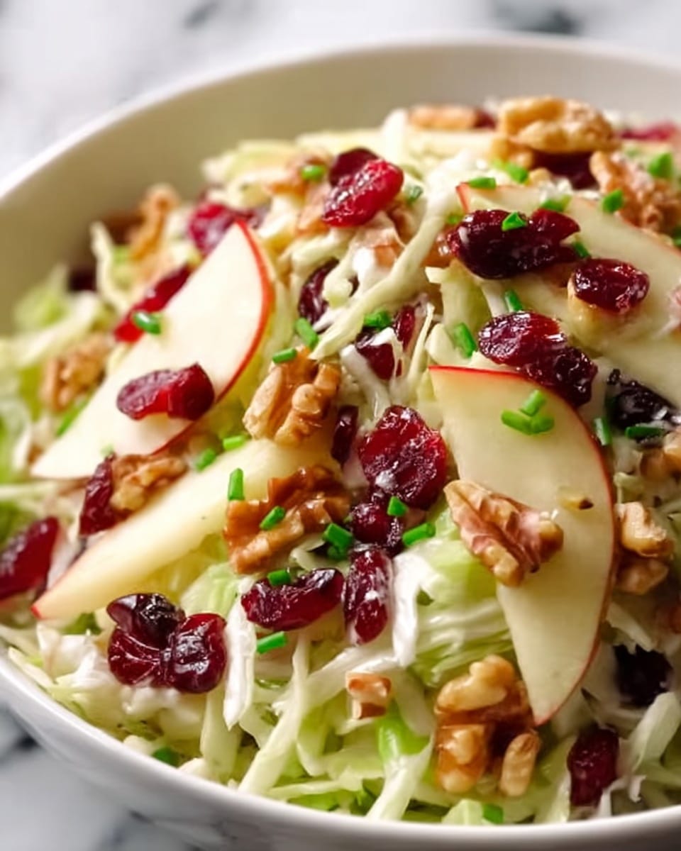 A close-up view of a fresh salad served in a white bowl, layered with light green shredded cabbage as the base, topped with thin slices of pale yellow apples, bright red dried cranberries, crunchy light brown walnuts, and small green chive pieces scattered throughout. The textures vary from smooth apple slices to the rough walnuts and the soft cabbage, creating a colorful mix of red, green, yellow, and brown on a white marbled surface background. Photo taken with an iphone --ar 4:5 --v 7