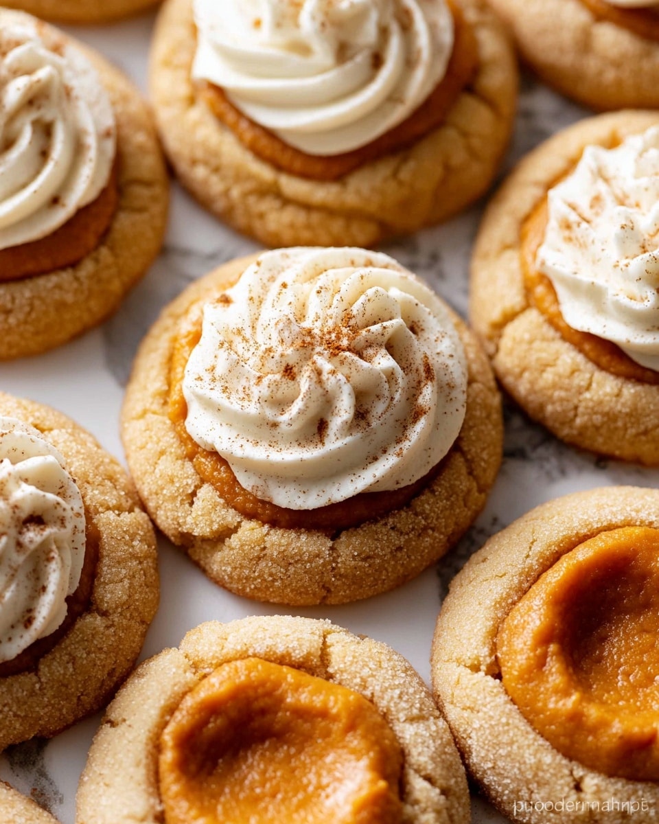 The image shows a close-up of several round cookies arranged closely together on a surface with white marbled texture. Each cookie has two layers: the base is a golden-brown, slightly crumbly cookie with a shallow well in the center, and the top layer varies, with some filled with smooth, orange pumpkin filling and others topped with creamy white swirls of whipped frosting, lightly dusted with brown cinnamon powder. The frosting has a soft and fluffy texture with visible ridges formed by the piping, and the pumpkin filling looks smooth and firm. Photo taken with an iphone --ar 4:5 --v 7