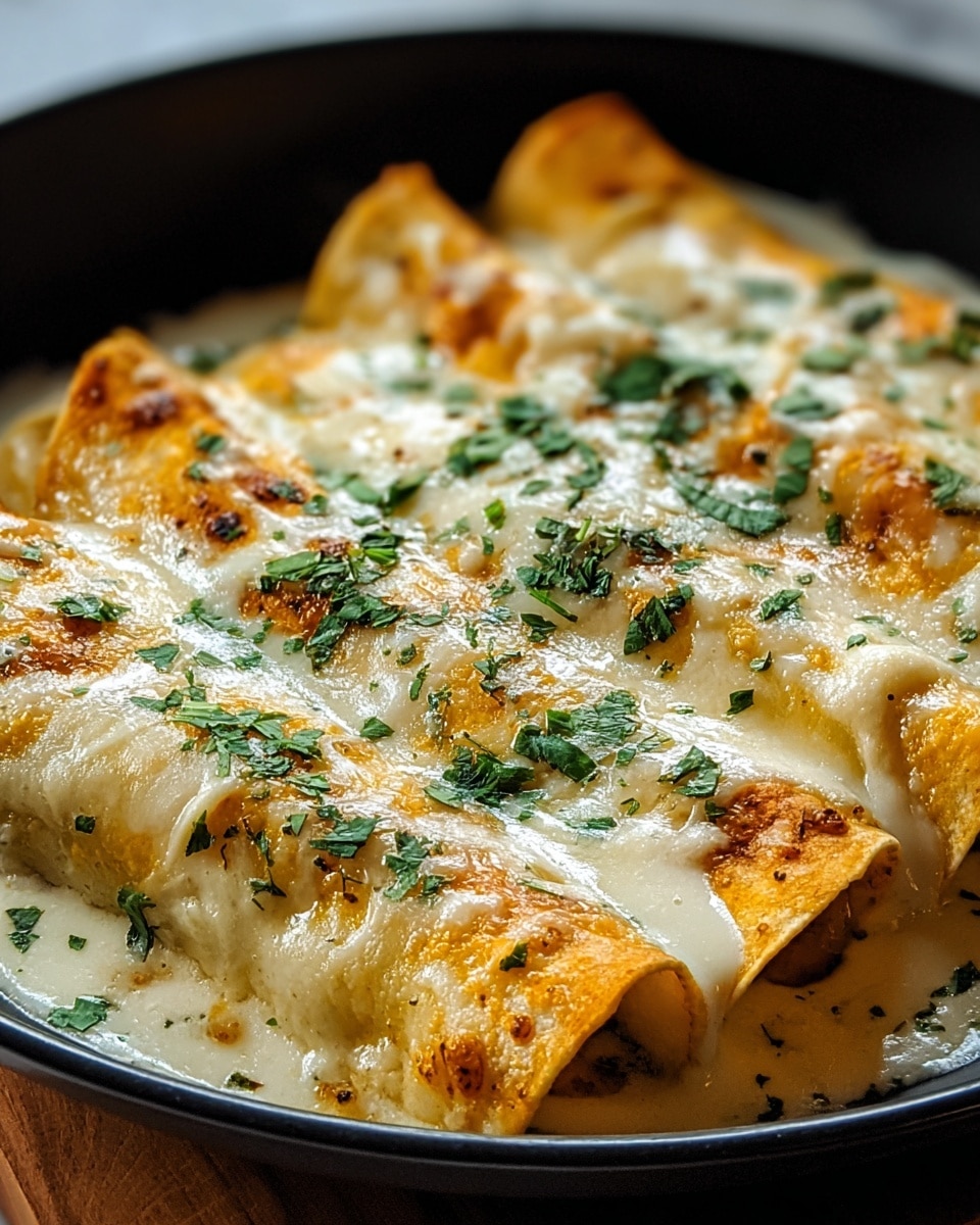 A black bowl holds four rolled yellow tortilla enchiladas lined side by side, each covered evenly with a thick layer of creamy white cheese sauce that is slightly browned and bubbly in spots. Bright green chopped herbs are sprinkled on top, adding contrast and freshness. The sauce drapes smoothly over the tortillas, pooling lightly around them. The image is close up, showing texture details of the cheesy topping and soft tortillas against the bowl's edge, all placed on a white marbled surface. Photo taken with an iphone --ar 4:5 --v 7