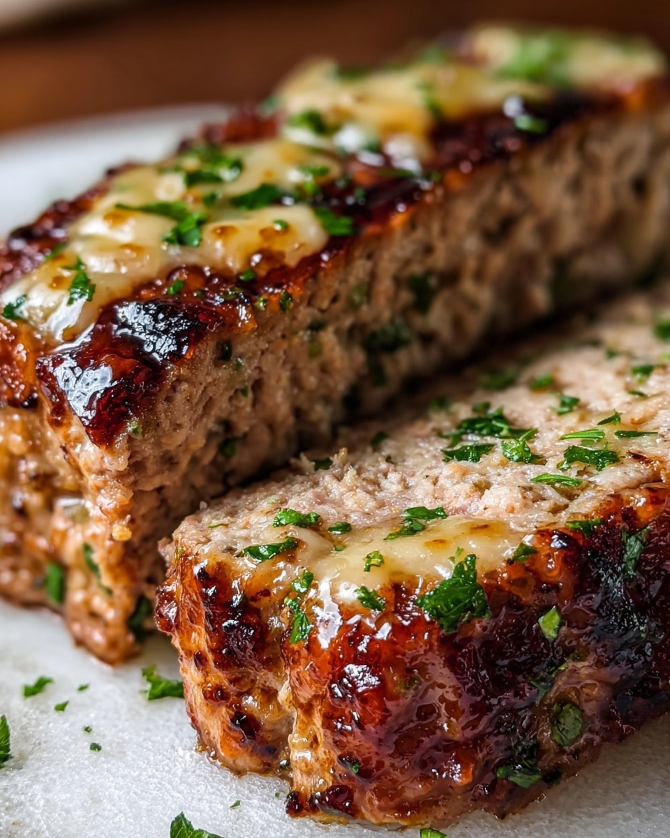 The image shows two long, thick meatloaf slices on a white marbled surface. Each slice has a rough, cooked texture with a light brown color, spotted with grill marks and melted cheese on top. Some green herbs are sprinkled across the surface of the meatloaf, adding a fresh look. The edges of the meat look crispy and caramelized, contrasting with the softer and slightly crumbly inside. The focus is tight, showing the food in close-up with glistening juices visible. Photo taken with an iphone --ar 4:5 --v 7