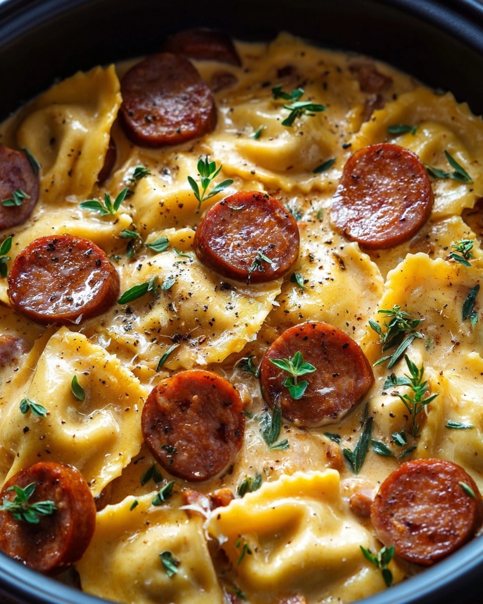 The image shows a close-up of a black pot filled with golden brown ravioli pieces and round slices of browned sausage mixed in a creamy sauce. The ravioli have a soft, slightly crispy texture with some herbs sprinkled on top, and the sausage slices have a rich reddish-brown color with a juicy look. Small green herbs are scattered evenly across the dish, adding a fresh touch of color. The dish is vibrant with a blend of creamy, warm tones and garnished with some black pepper cracks, making it look rich and savory. photo taken with an iphone --ar 4:5 --v 7
