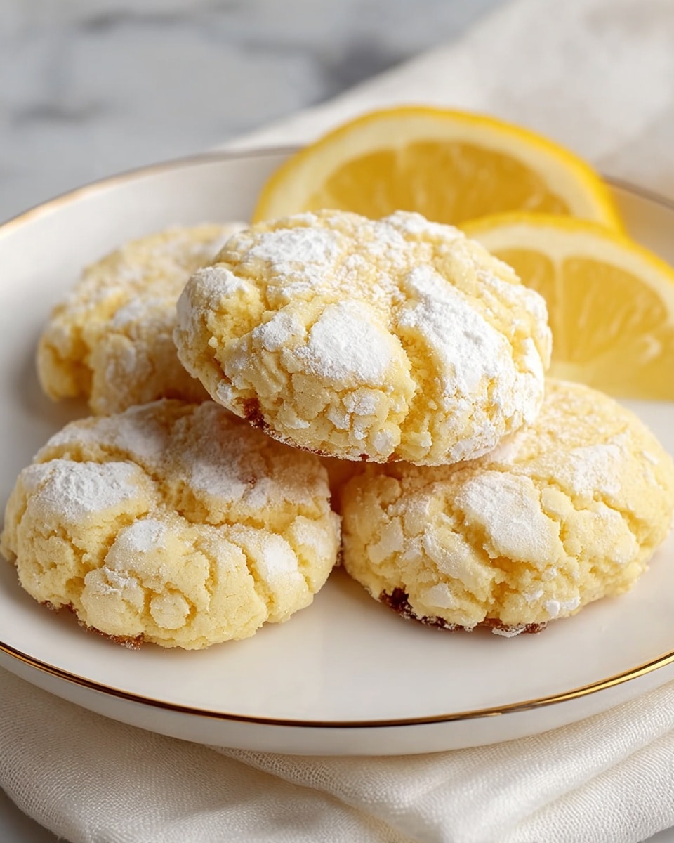 A white plate with a thin gold rim holds five soft, round lemon cookies that have a cracked surface dusted with powdered sugar, giving a light powdery white texture on top of the pale yellow cookies. Behind the cookies, two bright yellow lemon slices rest against them, adding a fresh citrus touch. The plate is placed on a white marbled surface with a white cloth partially visible underneath. Photo taken with an iphone --ar 4:5 --v 7