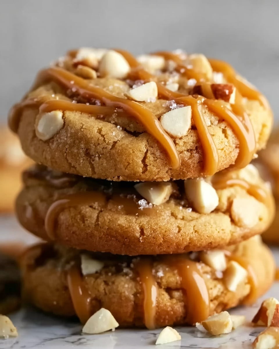 Three thick cookies stacked on top of each other, each cookie light brown with visible chunks of white nuts scattered across the top and slightly cracked surface. A smooth, golden caramel drizzle lies over the cookies, adding a shiny texture that contrasts with the crumbly and rough nut pieces. The background is a soft, blurred white marbled texture that highlights the cookies. photo taken with an iphone --ar 4:5 --v 7