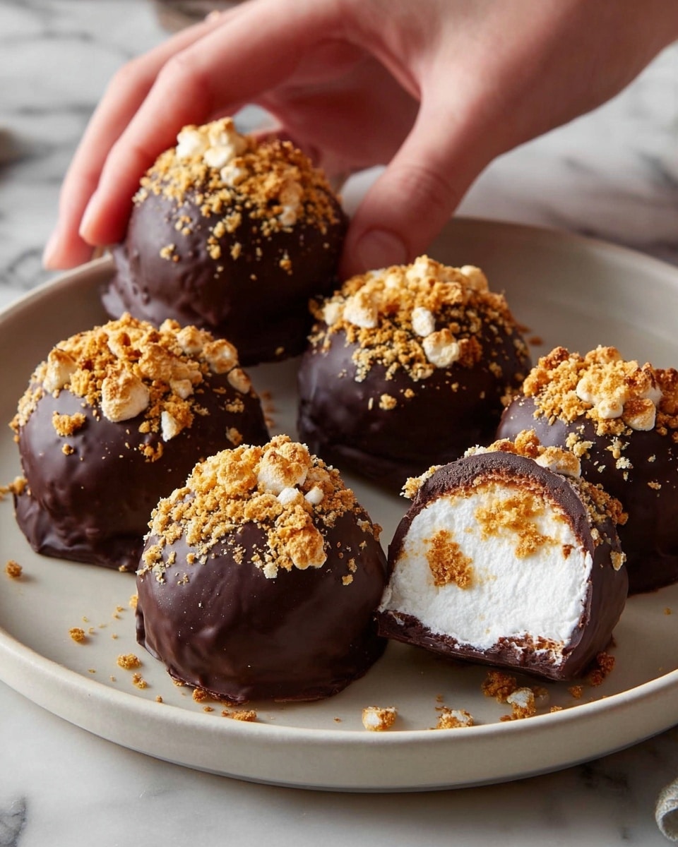 Six round chocolate-coated treats sit on a white plate with a smooth surface. Each treat is covered in a dark, glossy chocolate layer, with golden crumbly topping scattered unevenly across the top and sides. One treat is cut open to show three layers: the outer dark chocolate shell, a fluffy white marshmallow center, and some golden crumbs mixed inside the marshmallow. A woman's hand gently holds one of the whole treats on the right side. The plate is on a surface with a white marbled texture. photo taken with an iphone --ar 4:5 --v 7