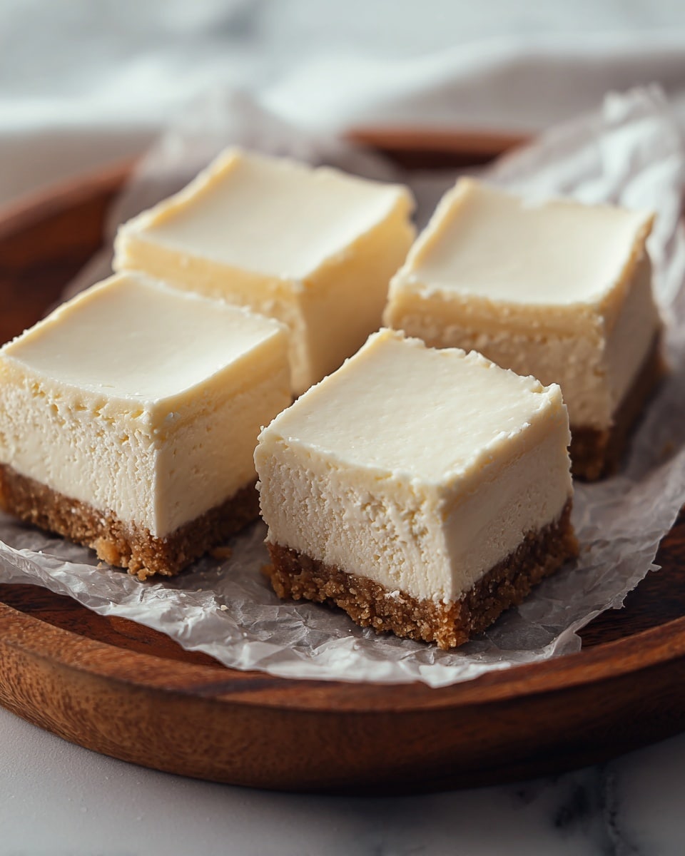 Four square pieces of a dessert sit on a piece of parchment paper inside a wooden round dish. Each piece has three layers: the bottom layer is crumbly and light brown, the middle layer is smooth and creamy off-white, and the top layer is a thicker, slightly uneven pale cream color. The edges of the dessert pieces are straight but slightly rough, showing the texture of the layers. The background is a white marbled texture. photo taken with an iphone --ar 4:5 --v 7