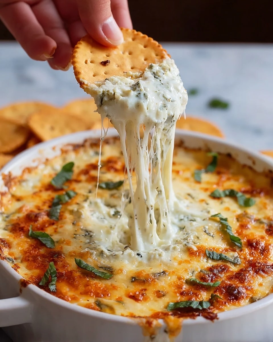 A white round dish filled with three visible layers: the bottom layer is creamy white melted cheese with herbs, the middle layer is gooey melted cheese stretching upwards, and the top layer is golden brown cheese with scattered green herb leaves and a few brown spots where the cheese is slightly crisp. A woman's hand is lifting a round, toasted cracker covered with melted cheese that is stringy and dripping back into the dish. The dish is placed on a white marbled surface. photo taken with an iphone --ar 4:5 --v 7
