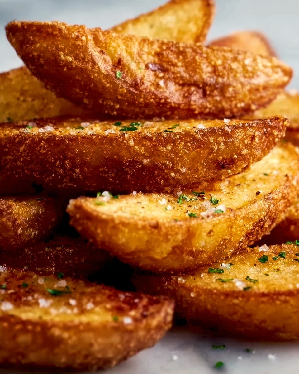 A close-up image shows a pile of golden brown potato wedges, stacked unevenly on a white marbled surface. Each wedge is thick and crispy with a rough, crunchy outside texture covered with small bits of seasoning and salt. The potato pieces are sprinkled lightly with small green herb bits, adding a touch of fresh color. The wedges have a slightly rough, uneven surface that shows they are fried or baked to a crisp. Photo taken with an iphone --ar 4:5 --v 7