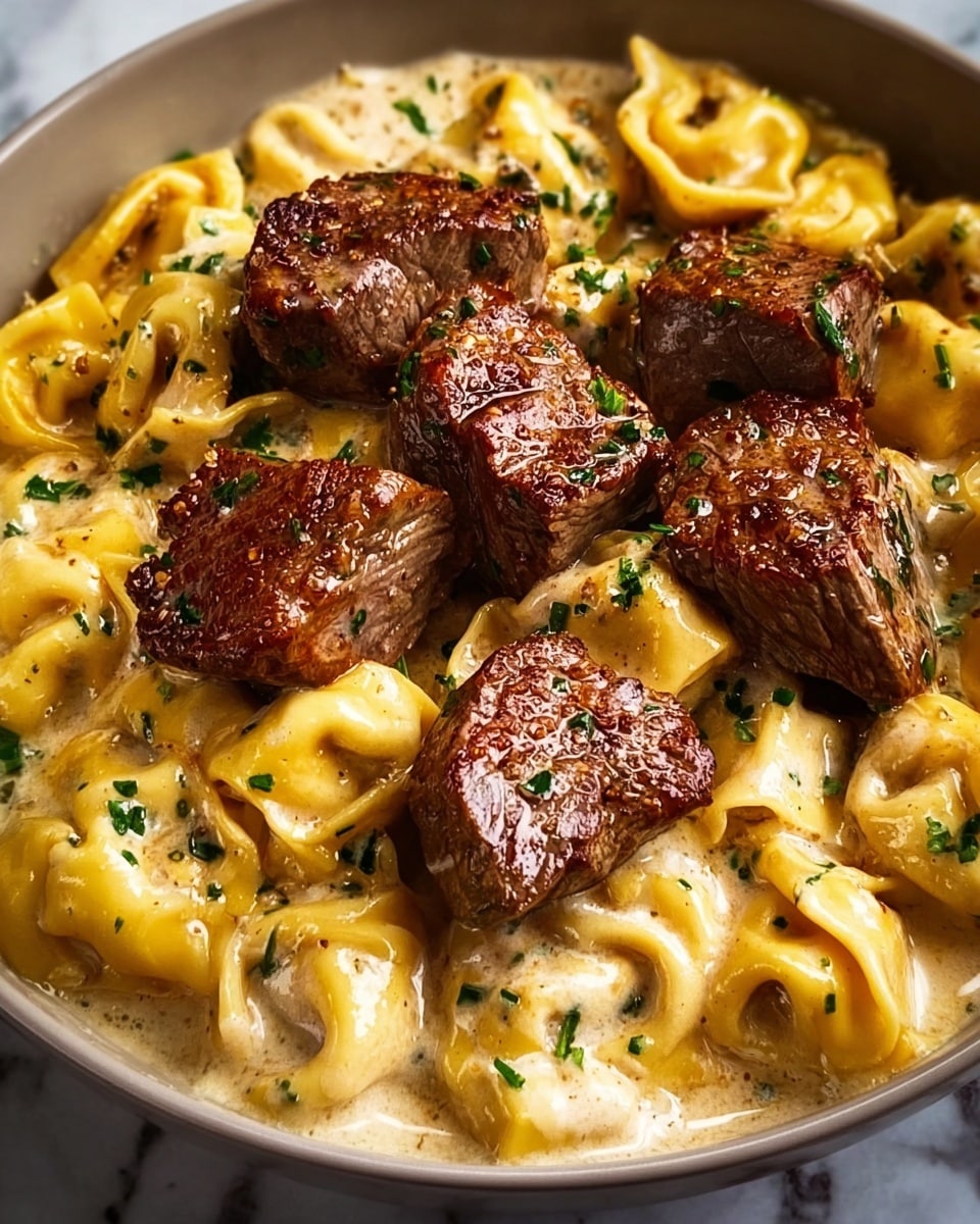 The dish shows a close-up of a creamy pasta and beef meal in a white bowl on a white marbled texture. The bottom layer is filled with yellow tortellini pasta covered in a smooth, rich cream sauce. On top of the pasta, there are several chunks of well-cooked beef with a brown seared texture, glistening with sauce. Small green herbs are sprinkled lightly over both the beef and pasta, adding color contrast. The pasta looks soft and tender, while the beef pieces are thick and juicy, arranged evenly over the creamy base. photo taken with an iphone --ar 4:5 --v 7