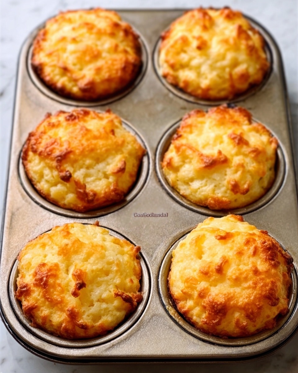 The image shows six golden-brown baked muffins in a metal muffin tray. Each muffin has a slightly cracked, textured top with a mix of light and darker golden colors, indicating a crispy upper layer. The muffins rest in round molds, tightly fitting their shape, with the light reflecting softly on the shiny metal surface. The background is a white marbled texture, highlighting the warm color of the muffins. Photo taken with an iphone --ar 4:5 --v 7