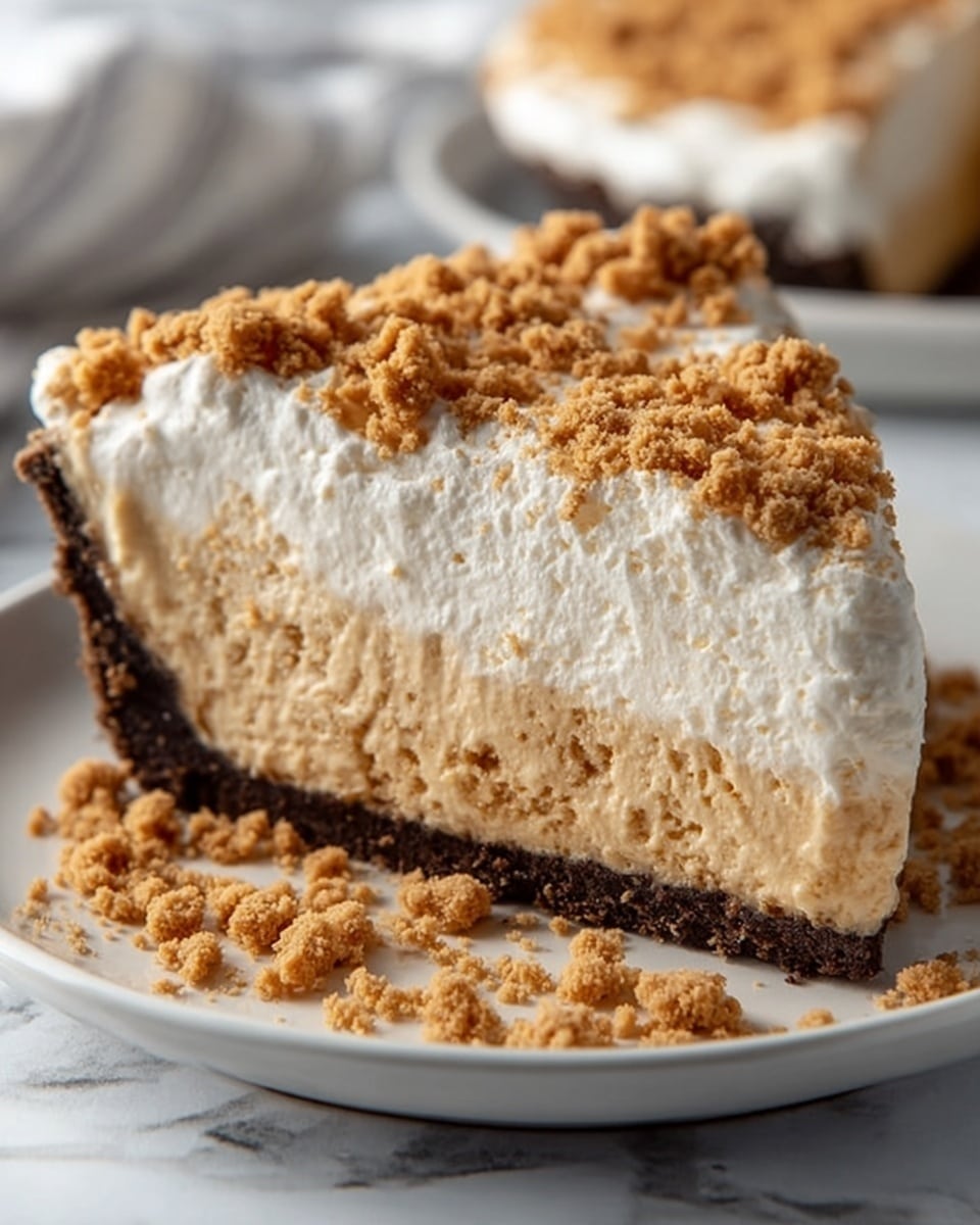 A slice of pie with three visible layers sits on a white plate over a white marbled surface. The bottom layer is dark brown, firm, and looks like a crust. Above that is a thick beige layer that looks smooth and creamy with small lumps throughout. The top layer is fluffy white cream, soft and thick, covering the pie evenly. Crushed brown crumb topping is spread over the cream and scattered on the plate around the slice. Photo taken with an iphone --ar 4:5 --v 7