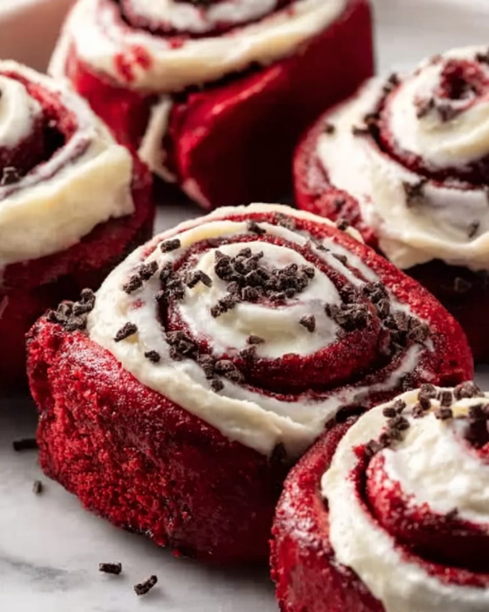 The image shows several red velvet cinnamon rolls close together, each with three visible layers: the outside is red and soft with a spiral pattern, the middle spiral layer is darker red with a smooth creamy white frosting spread thickly on top, and small dark chocolate chips sprinkled over the frosting add texture. The rolls look moist and fluffy, sitting on a white marbled surface. photo taken with an iphone --ar 4:5 --v 7