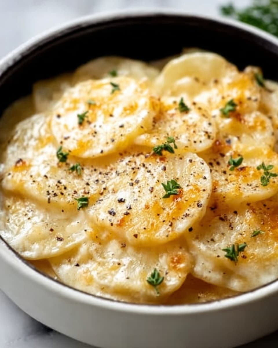 A close-up of a white bowl filled with creamy scalloped potatoes. The dish has several layers of thin, round potato slices covered in a smooth, cheesy sauce with a pale yellow color. The top layer is sprinkled lightly with black pepper and small green herbs. The creamy texture looks soft and rich, with the potatoes slightly overlapping in a neat, circular pattern. The bowl rests on a white marbled surface. Photo taken with an iphone --ar 4:5 --v 7