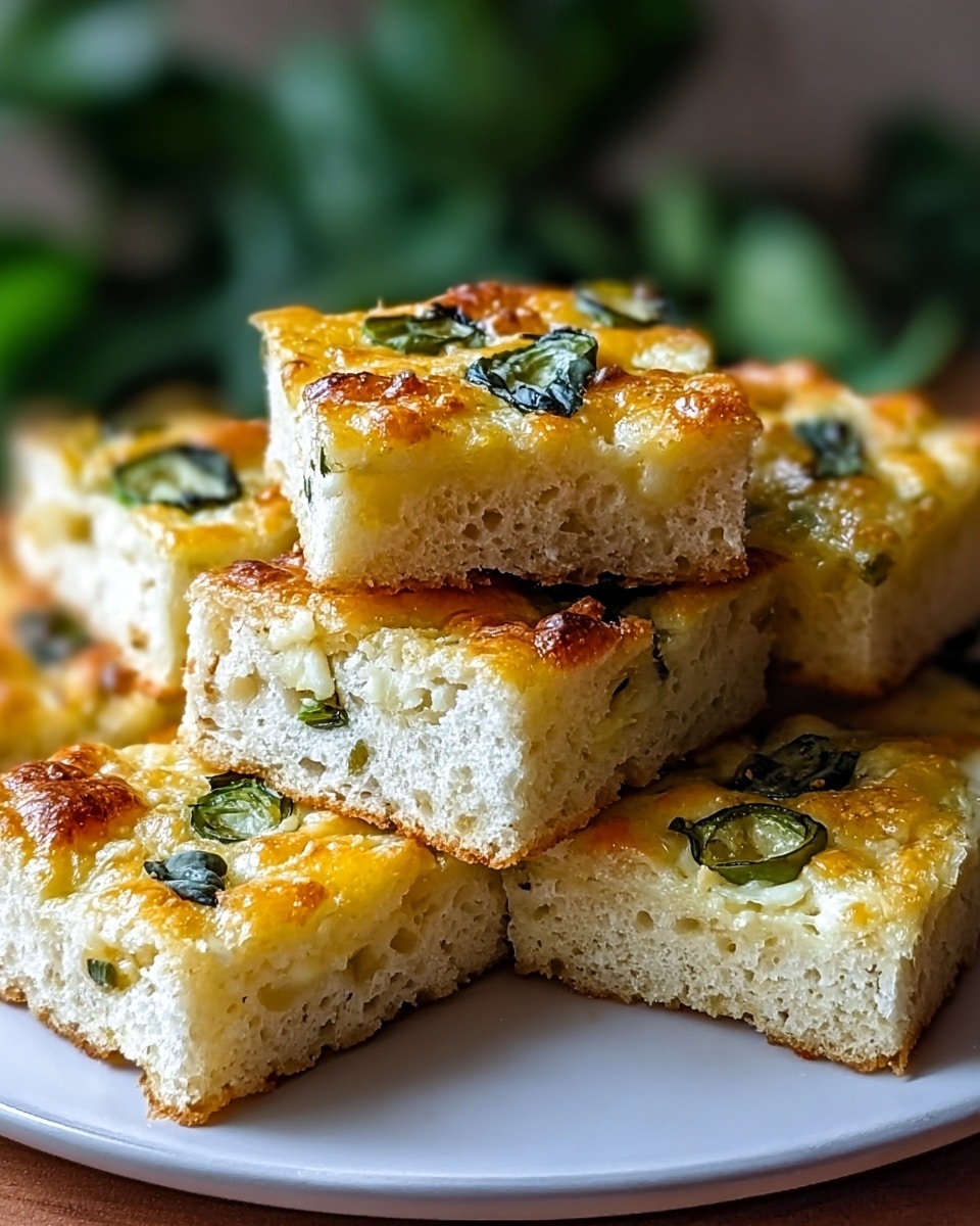 A stack of square focaccia pieces sits on a white plate, each piece showing three layers. The bottom layer is a light golden brown crust with a crumbly texture. The middle layer is thick and creamy with a pale yellow color, likely cheese or batter. The top layer is a golden, slightly bumpy surface with melted cheese and small green basil leaves placed on each square, creating a fresh contrast. The background has a soft focus with green leaves, and the overall image is warm with detailed textures on the bread. Photo taken with an iphone --ar 4:5 --v 7