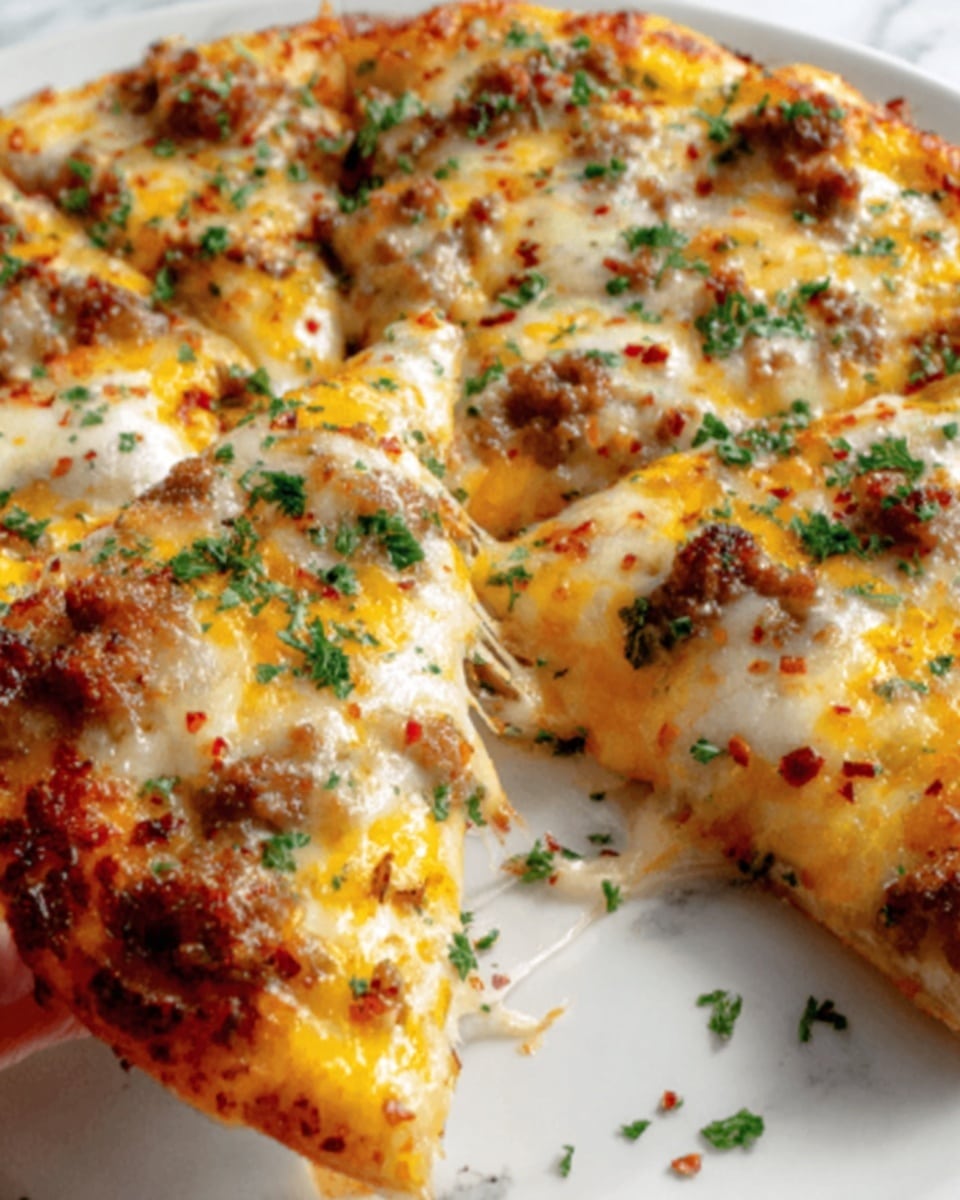 The image shows a close-up of a cheesy pizza with melted mozzarella and cheddar cheese layers melted on top of a golden-baked crust. The top layer has scattered bits of cooked ground meat and small pieces of fresh green parsley sprinkled all over, adding a touch of color. There are also tiny red flakes spread evenly across the cheese, giving a spicy look. The pizza is placed on a white plate, set against a white marbled surface. A woman's hand is holding one slice, slightly lifting it from the plate, showing gooey cheese stretching between the slice and the rest of the pizza. Photo taken with an iphone --ar 4:5 --v 7
